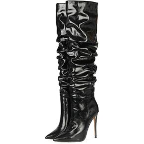 Women Slouchy High Heel Boots Patent Leather Stiletto Heel Knee High Boot Pointed Toe Thigh High Shoes
