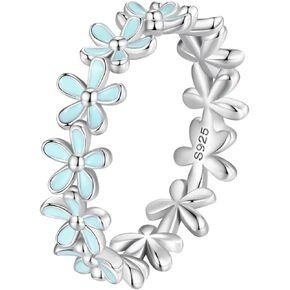 BISAER 925 Sterling Silver Blue Flower Ring Blue Color Floral Stack Solitaire Finger Rings for Women Teens Girls Gift Jewelry