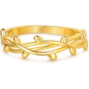 Gold Ivy Vine Leaf Ring for Women 14K Gold Plated Minimalist Stack Thin Band Finger Jewelry Size 6-8