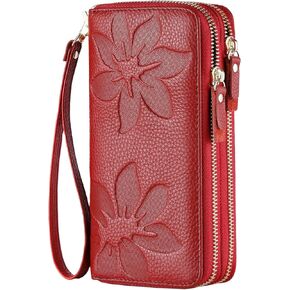 Wallets for Women Wristlet RFID Blocking Genuine Leather Double Zipper Credit Card Holder Large Ladies Clutch Purse in Kuwait