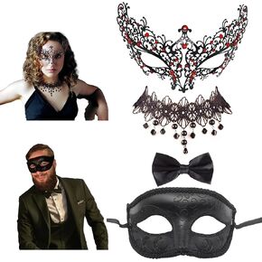 قناع تنكر معدني للأزواج - 4 قطع أقنعة تنكرية سوداء من أقنعة البندقية مع ربطة عنق سوداء للأزياء التنكرية، ماردي جراس، الهالوين، حفلات الزفاف - مجموعة أقنعة تنكرية للأزواج، 7.8 × 2.3 × 3.9 بوصة in Kuwait