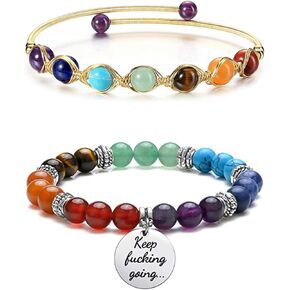 Top Plaza Bundle – 2 Items: 7 Chakra Healing Crystals Bracelet Keep Going Bracelet & 7 Chakra Bracelet Healing Crystal Stone Bead Cuff Bracelets