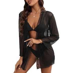 OYOANGLE Women's Lace Detail Lettuce Trim Long Sleeve Belted Sheer Mesh Robe without Lingerie