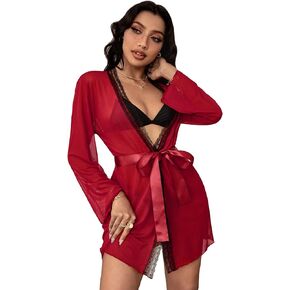 OYOANGLE Women's Lace Detail Lettuce Trim Long Sleeve Belted Sheer Mesh Robe without Lingerie