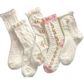 5 Pair Cute White Ruffle Socks Women Cottagecore Floral Ankle Socks Kawaii Crew Socks Japanese Aesthetic Cotton Socks