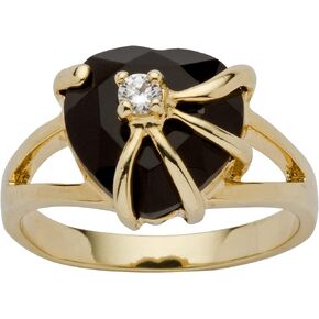 PalmBeach Yellow Gold-plated Heart Shaped Natural Black Onyx and Round Cubic Zirconia Ring Sizes 5-10