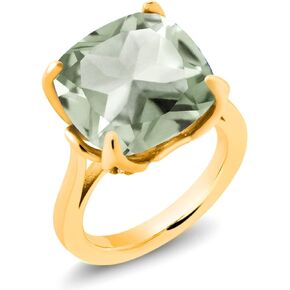 Gem Stone King 18K Yellow Gold Plated Silver Cushion Checkerboard Green Prasiolite and Pink Lab Grown Diamond Ring For Women (9.10 Cttw, Gemstone Birthstone, Available In Size 5, 6, 7, 8, 9)