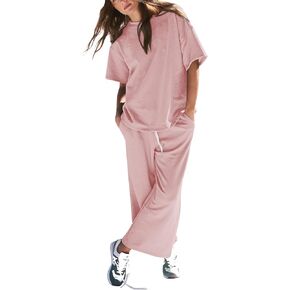 Pink Queen Womens Two Piece Outfits Short Sleeve Pullover Tops and Drawstring Wide Leg Pants Jogger Lounge Sets