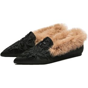 Fericzot Slip On Loafers Womens Embroidery Mule Shoes with Plush Lamb Fur Velvet Slippers Backless Pointed Toe Mule Slides