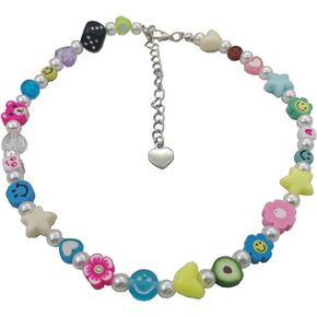 Y2K Necklace for Women Colorful Fruit Pearl Choker Necklace Cute Mushroom Yin Yang Beaded Necklace Handmade Resin Flower Jewelry