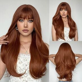 BERON Auburn Wigs Long Wavy Women Wigs with Bangs Ginger Curly Heat Resistant Synthetic Wigs for Daily Wigs Wig Cap Included