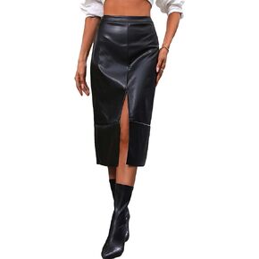 WDIRARA Women's High Waist Split Thigh Pu Leather Elegant Stretch Midi Skirt