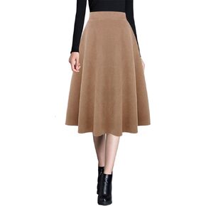 Womens Warm Wool Midi Skirts Winter Fall High Elastic Waist A line Flared Woolen Skirts