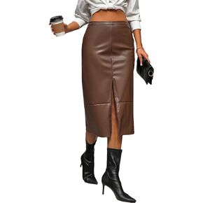 WDIRARA Women's High Waist Split Thigh Pu Leather Elegant Stretch Midi Skirt
