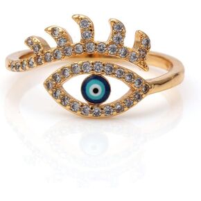 Turkish Blue Evil Eye Cubic Zirconia Wraps Open Rings for Women Girls Teens Sparkling CZ Crystal 18K Gold Plated Delicate Fashion Statement Adjustable Expandable Stacking Knuckle Tail Finger Ring Dainty Protection Lucky Jewelry Gifts Daughter Friendship B