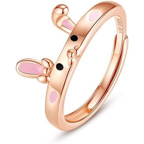 Cute Rabbit Sterling Silver Ring for Women Girls Minimalist Bunny Adjustable Finger Band Open Statement Ring Engagement Eternity Rings Promise Ring Dainty Jewelry Gifts
