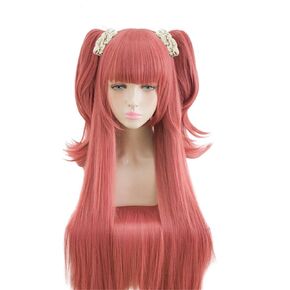 Anime 100cm Long Straight Deep Pink Cosplay Wig Clip Double Ponytails Christmas Party Wigs+ Cap