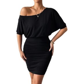 Floerns Women's Solid Asymmetrical Neck Ruched High Waist Bodycon Short Dress