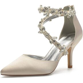 Anna's Bridal Women's Pointed Toe High Heels Pumps Ankle Strap Rhinestones Satin Heels Wedding Shoes for Bride Prom Party Dress Shoes Sandals