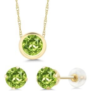 Gem Stone King 14K Yellow Gold Green Peridot Pendant and Earrings Jewelry Set For Women (2.55 Cttw, Gemstone Birthstone, Round 6MM, with 18 Inch Chain)