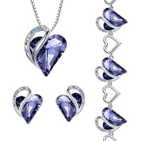 Leafael Infinity Love Heart Necklace, Stud Earrings, and Bracelet for Women, February Birthstone Crystal Jewelry, Silver Tone Gifts for Women, Tanzanite Purple