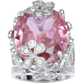 PalmBeach Silvertone Oval Cut Pink Cubic Zirconia Butterfly and Flower Ring Sizes 6-10