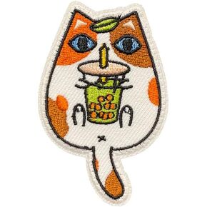 Made in USA Boba Kitty Anime Kawaii Hook and Loop Patch, Cat Kitty Funny Meme Embroidered Patches, Hook Fastener Backing, Cute Accessories for Backpacks - Locally Owned