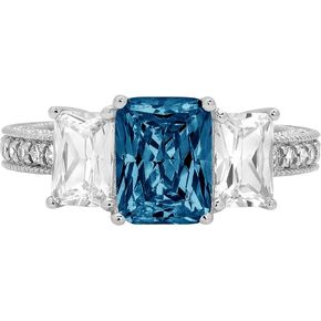 Clara Pucci 4.26 ct Emerald Round Cut Solitaire 3 stone Accent Genuine Flawless Natural London Blue Topaz Gemstone Engagement Promise Statement Anniversary Bridal Wedding Ring Solid 18K White Gold