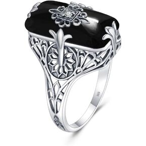 925 Silver Rings for Women White Frosted Gemstone Natural Black Agate Onyx Vintage Engagement Ring Jewelry Mom Gift