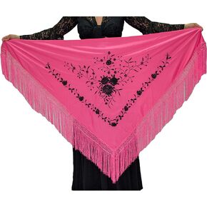 Medium Beak Shawl Triangular Flamingo or Sevillanas (63.0 x 30.7 in) Pink Embroidered Black