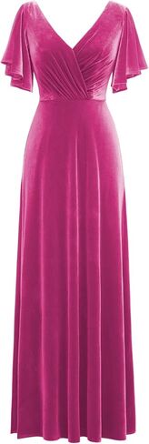 Flutter Sleeve Velvet Bridesmaids Dresses V Neck Women Wedding Long Bridesmaid Dresses for Fall in Saudi Arabia
