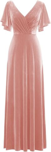 Flutter Sleeve Velvet Bridesmaids Dresses V Neck Women Wedding Long Bridesmaid Dresses for Fall in Saudi Arabia