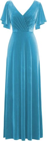 Flutter Sleeve Velvet Bridesmaids Dresses V Neck Women Wedding Long Bridesmaid Dresses for Fall in Saudi Arabia