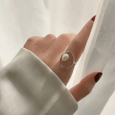 HUASAI Pearl Ring for Women White Pearl Rings Dainty Open Rings Silver Gold Adjustable Ring Jewelry Gift for Girls Lady in Saudi Arabia