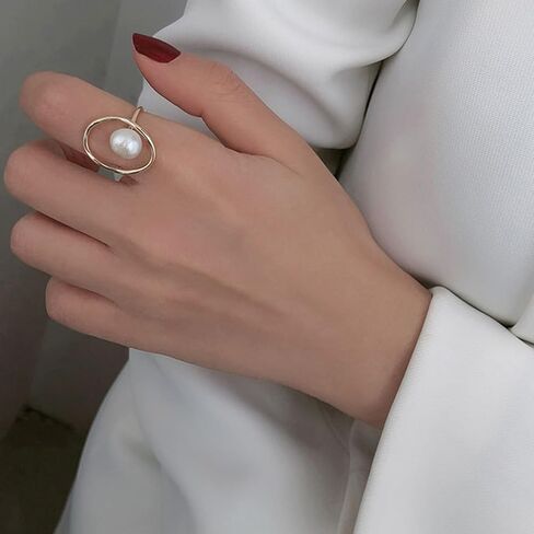 HUASAI Pearl Ring for Women White Pearl Rings Dainty Open Rings Silver Gold Adjustable Ring Jewelry Gift for Girls Lady in Saudi Arabia