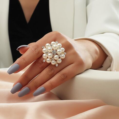 HUASAI Pearl Ring for Women White Pearl Rings Dainty Open Rings Silver Gold Adjustable Ring Jewelry Gift for Girls Lady in Saudi Arabia