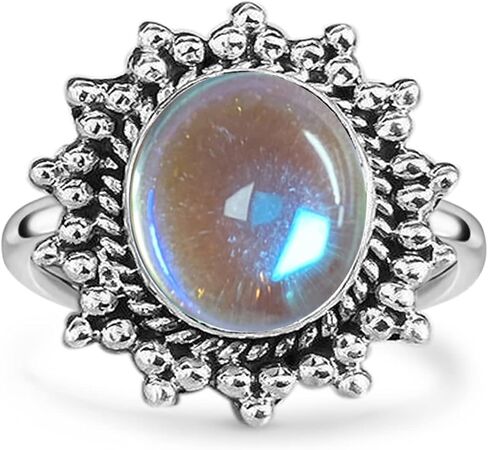 MYLYAHY S925 خاتم حجر القمر من الفضة الاسترليني للنساء الفتيات، خاتم كلاسيكي من الحجر الطبيعي الأصلي والأحجار الكريمة، خاتم كوكتيل فاسق راكب الدراجة النارية العتيقة كريستال بوهو خاتم مجوهرات لها in Kuwait