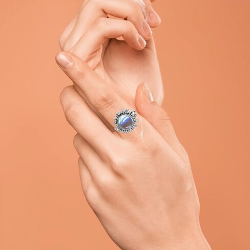 MYLYAHY S925 خاتم حجر القمر من الفضة الاسترليني للنساء الفتيات، خاتم كلاسيكي من الحجر الطبيعي الأصلي والأحجار الكريمة، خاتم كوكتيل فاسق راكب الدراجة النارية العتيقة كريستال بوهو خاتم مجوهرات لها in Kuwait