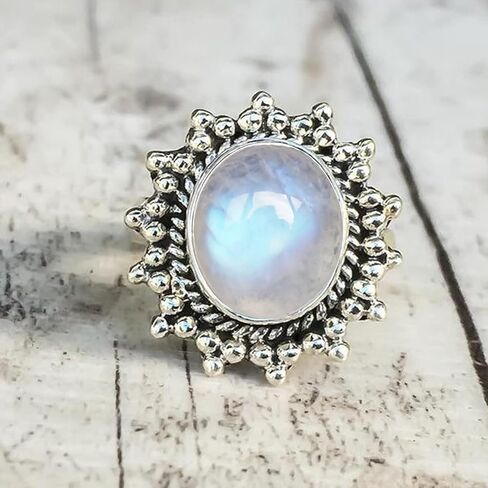 MYLYAHY S925 خاتم حجر القمر من الفضة الاسترليني للنساء الفتيات، خاتم كلاسيكي من الحجر الطبيعي الأصلي والأحجار الكريمة، خاتم كوكتيل فاسق راكب الدراجة النارية العتيقة كريستال بوهو خاتم مجوهرات لها in Kuwait