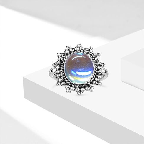 MYLYAHY S925 خاتم حجر القمر من الفضة الاسترليني للنساء الفتيات، خاتم كلاسيكي من الحجر الطبيعي الأصلي والأحجار الكريمة، خاتم كوكتيل فاسق راكب الدراجة النارية العتيقة كريستال بوهو خاتم مجوهرات لها in Kuwait