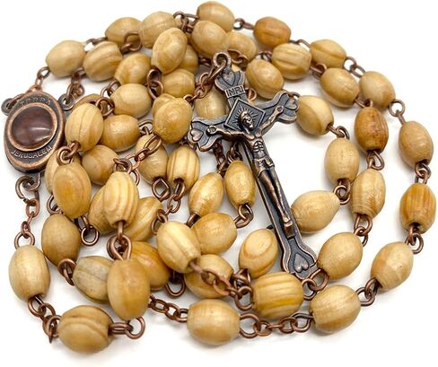 Nazareth Store Olive Wood Beads Rosary Necklace Catholic Holy Mary Medal Bronze Cross Crucifix Vintage Design Rosario Catholico in Velvet Bag 20" in Saudi Arabia