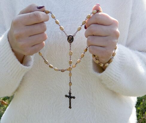 Nazareth Store Olive Wood Beads Rosary Necklace Catholic Holy Mary Medal Bronze Cross Crucifix Vintage Design Rosario Catholico in Velvet Bag 20" in Saudi Arabia