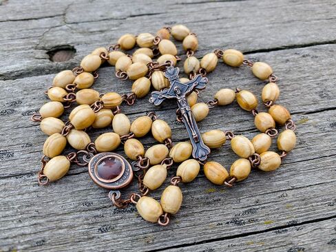 Nazareth Store Olive Wood Beads Rosary Necklace Catholic Holy Mary Medal Bronze Cross Crucifix Vintage Design Rosario Catholico in Velvet Bag 20" in Saudi Arabia