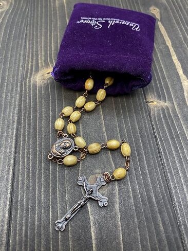 Nazareth Store Olive Wood Beads Rosary Necklace Catholic Holy Mary Medal Bronze Cross Crucifix Vintage Design Rosario Catholico in Velvet Bag 20" in Saudi Arabia