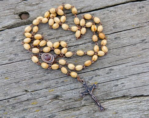 Nazareth Store Olive Wood Beads Rosary Necklace Catholic Holy Mary Medal Bronze Cross Crucifix Vintage Design Rosario Catholico in Velvet Bag 20" in Saudi Arabia