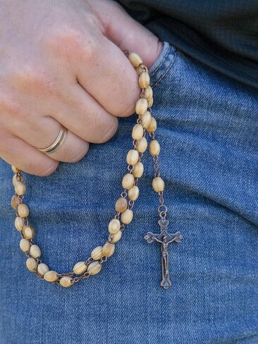 Nazareth Store Olive Wood Beads Rosary Necklace Catholic Holy Mary Medal Bronze Cross Crucifix Vintage Design Rosario Catholico in Velvet Bag 20" in Saudi Arabia