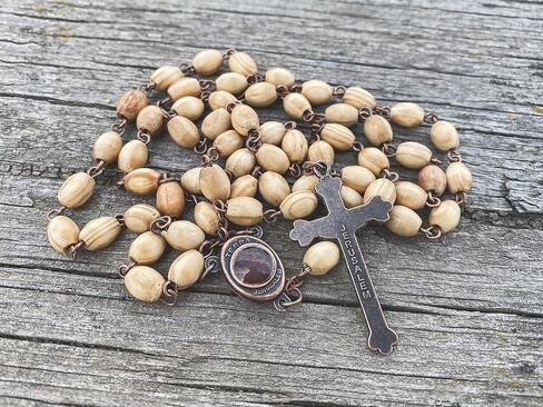 Nazareth Store Olive Wood Beads Rosary Necklace Catholic Holy Mary Medal Bronze Cross Crucifix Vintage Design Rosario Catholico in Velvet Bag 20" in Saudi Arabia