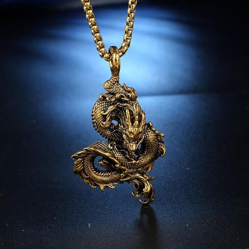 Chinese Dragon Necklace for Men, Hip Hop Dragon Necklace, Norse Viking Dragon Head Pendant Necklace with 23.6"Chain, Stainless Steel Punk Rock Dragon Pendant, Vintage Animal Dragon Necklace Jewelry Gift for Men Boys in Saudi Arabia
