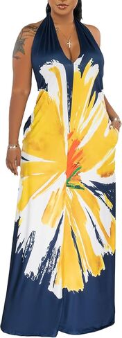 Womens Sexy Summer Dresses Halter Neck Plus Size Long Maxi Dress Casual Floral Beach Sun Dresses with Pockets in Saudi Arabia