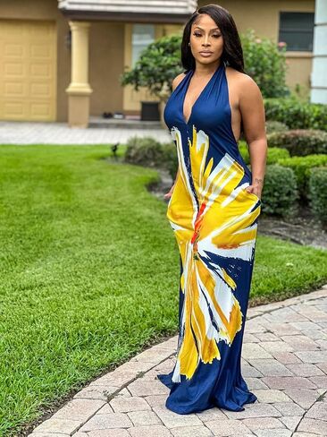 Womens Sexy Summer Dresses Halter Neck Plus Size Long Maxi Dress Casual Floral Beach Sun Dresses with Pockets in Saudi Arabia